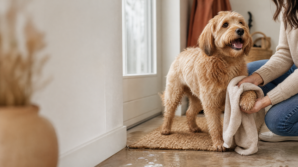 Chien revenant de promenade et séchage doux des pattes avec une serviette