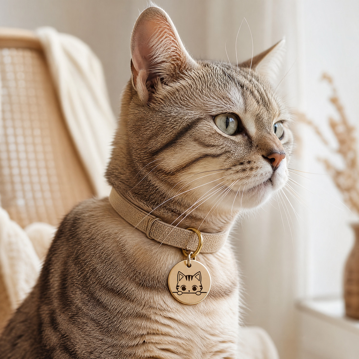 Chat domestique portant une médaille d’identification ronde sur un collier beige