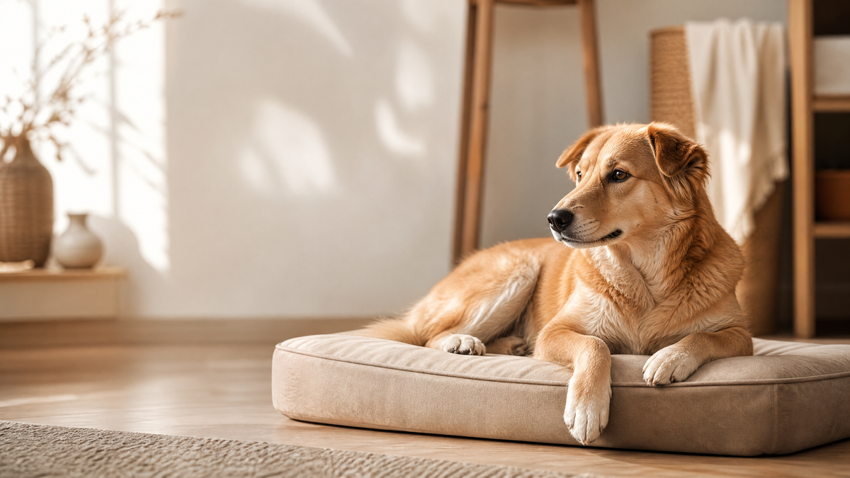 Chien calme installé sur un couchage confortable dans un intérieur lumineux